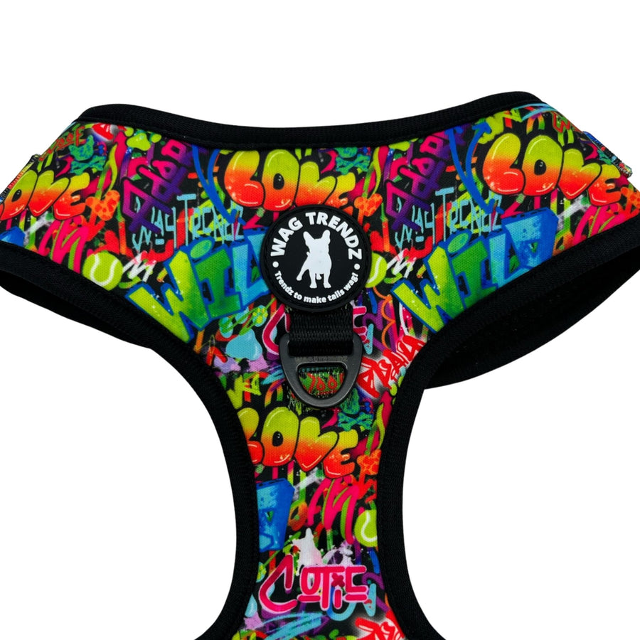 Dog Harness Vest - Adjustable - Front Clip - multi-colored street graffiti on dog harness against solid white background - up close chest view - Wag Trendz