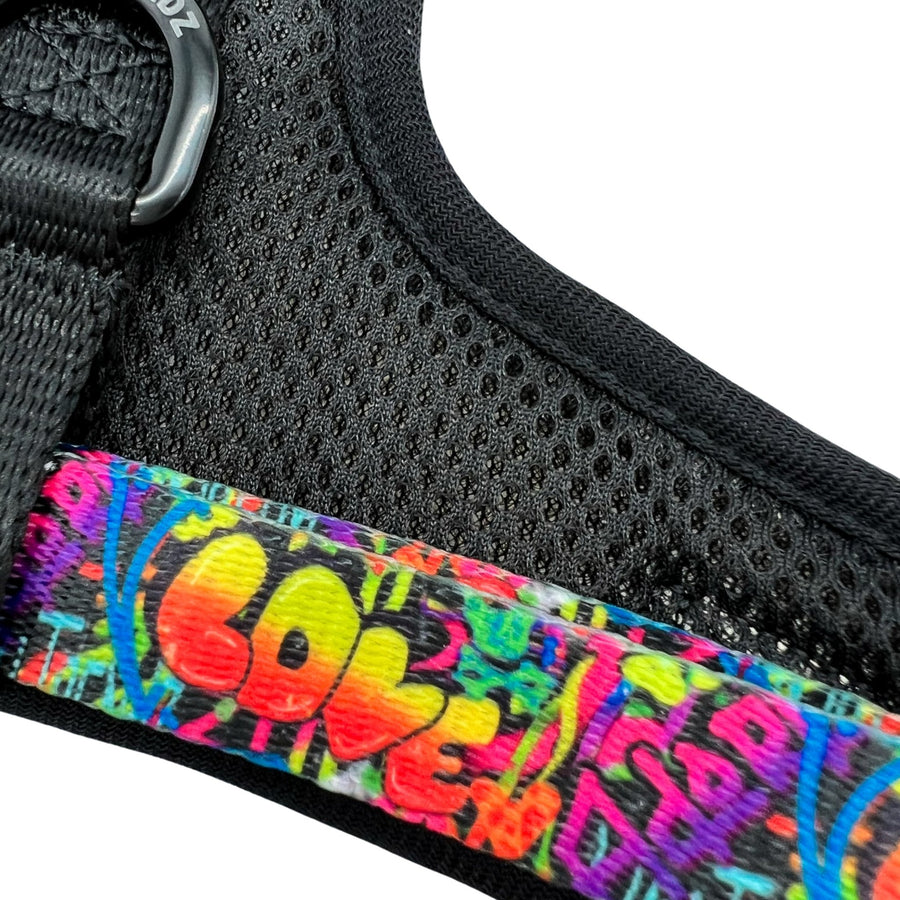 Dog Harness Vest - Adjustable - Front Clip - multi-colored street graffiti on dog harness against solid white background - up close strap view - Wag Trendz