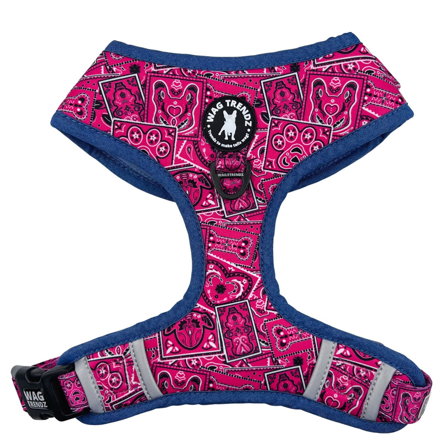Dog Harness Vest - Adjustable - Bandana Boujee Hot Pink Dog Harness with Denim Accents - chest view - against solid white background - Wag Trendz