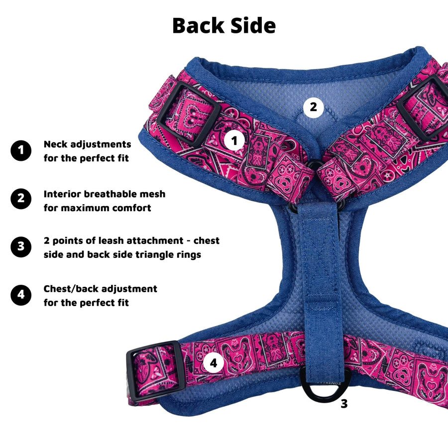 Dog Harness Vest - Adjustable - Bandana Boujee Hot Pink Dog Harness with Denim Accents - back view - with product feature captions against solid white background - Wag Trendz
