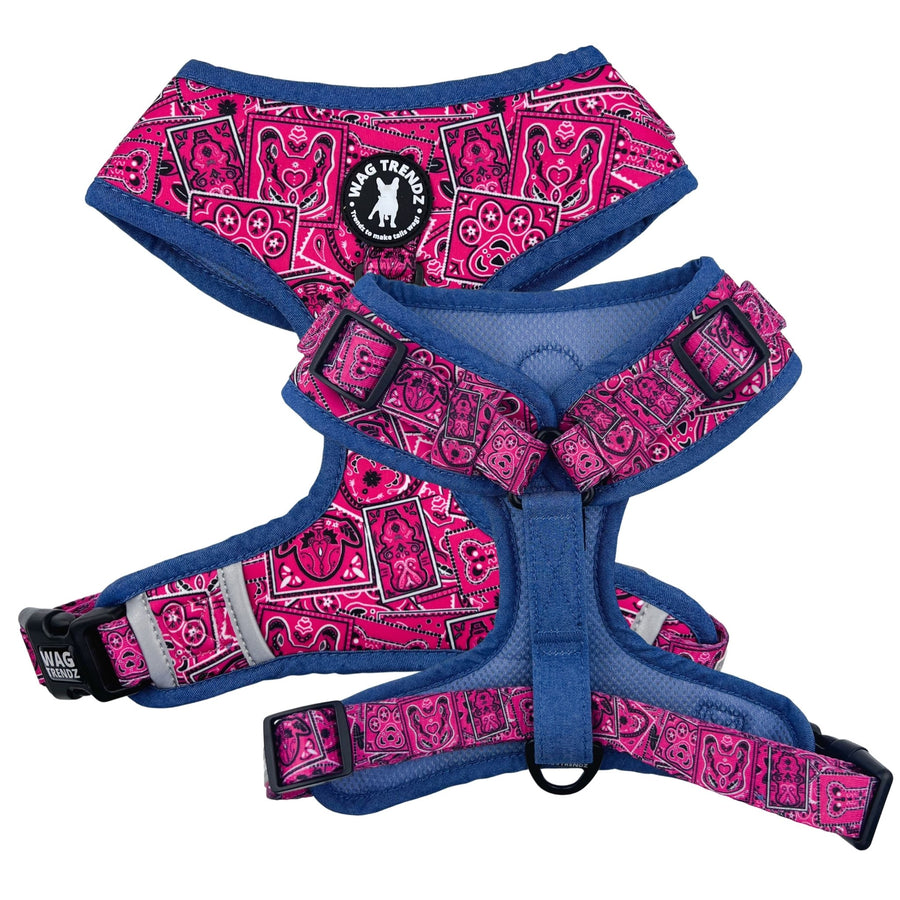 Dog Harness Vest - Adjustable - Bandana Boujee Hot Pink Dog Harness with Denim Accents - chest & back view - against solid white background - Wag Trendz
