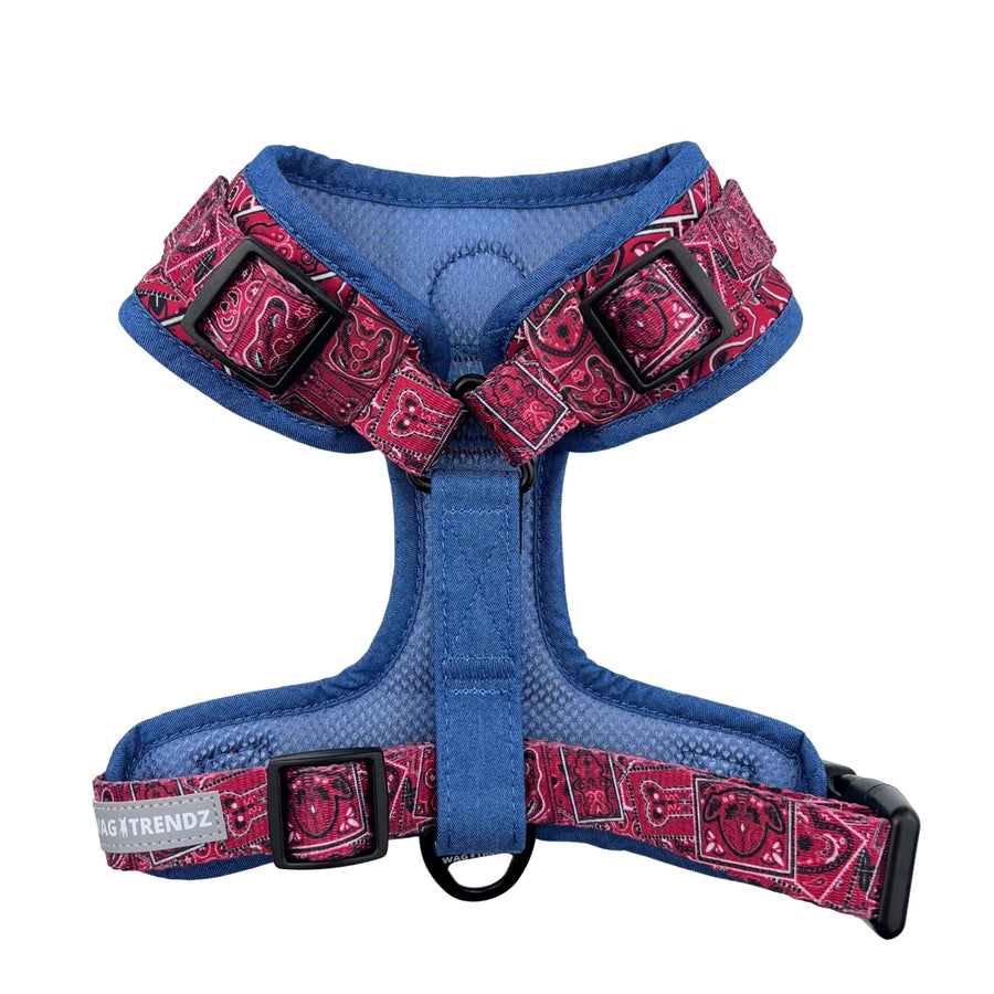Dog Harness Vest - Adjustable - Red Bandana Boujee Harness with Denim Accents - back side - a canine inspired design - against solid white background - Wag Trendz