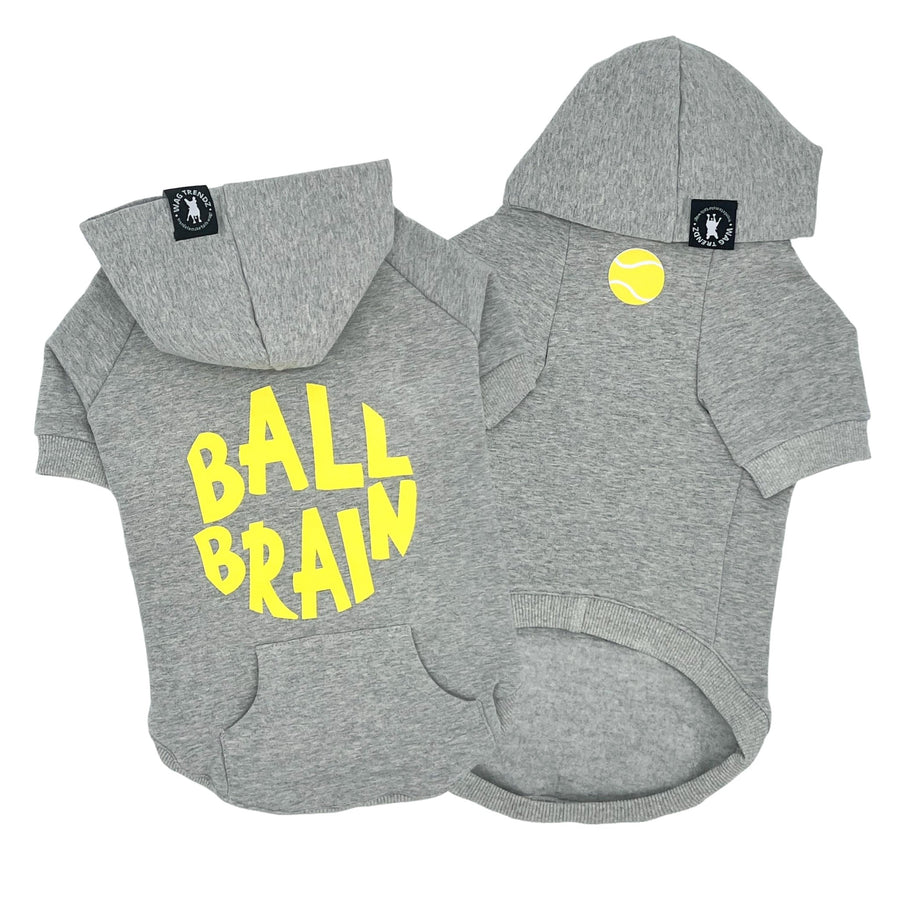 Dog Hoodie - Hoodies For Dogs - Ball Brain Dog Hoodie - Gray front and back - against a solid white background - Wag Trendz