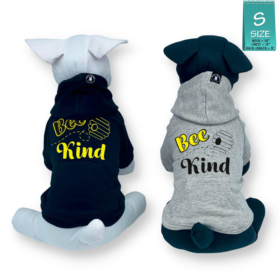 Dog Hoodie - Hoodies For Dogs - Two stuffed dogs one black one white wearing "Bee Kind" dog hoodies in gray and black - Bee Kind and hive on back - against solid white background - Wag Trendz