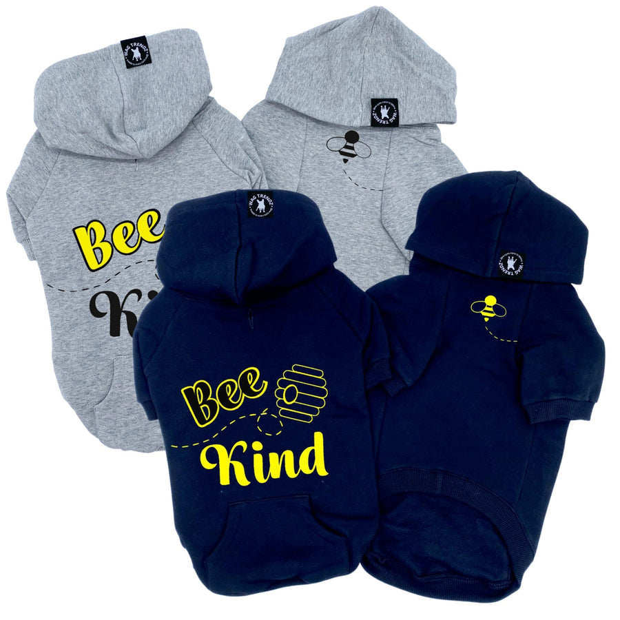 Dog Hoodie - Hoodies For Dogs - "Bee Kind" dog hoodies in gray & black sets front and back views with Bee Kind and hive on back and swarming bee emoji on front chest - Wag Trendz