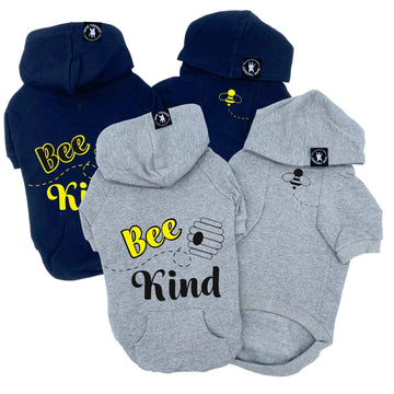 Dog Hoodie - Hoodies For Dogs - "Bee Kind" dog hoodie in black & gray sets front and back views with Bee Kind and Hive on back and swarming bee emoji on front chest - against a solid white background - Wag Trendz