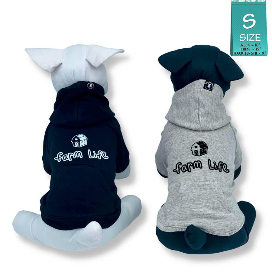Dog Hoodie - Hoodies For Dogs - two stuffed dogs one white and one black wearing a "Farm Life" dog hoodie in black and gray - back view with Farm Life and a barn in black - against a solid white background - Wag Trendz