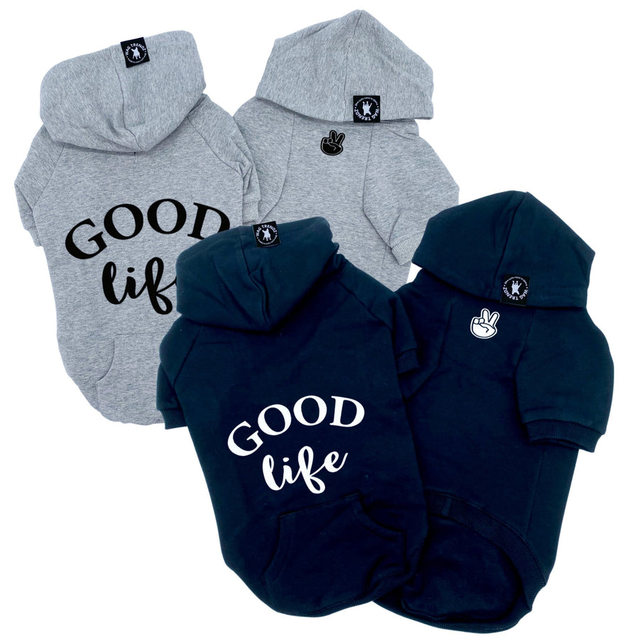 Dog Hoodie - Hoodies For Dogs - "Good Life" dog hoodies in gray and black sets - Good Life on the back and finger peace sign emoji on front chest - against solid white background - Wag Trendz