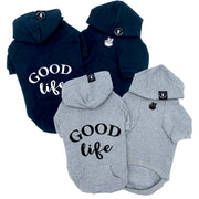 Dog Hoodie - Hoodies For Dogs - "Good Life" dog hoodies in black and gray sets - Good Life on the back and finger peace sign emoji on front chest - against solid white background - Wag Trendz