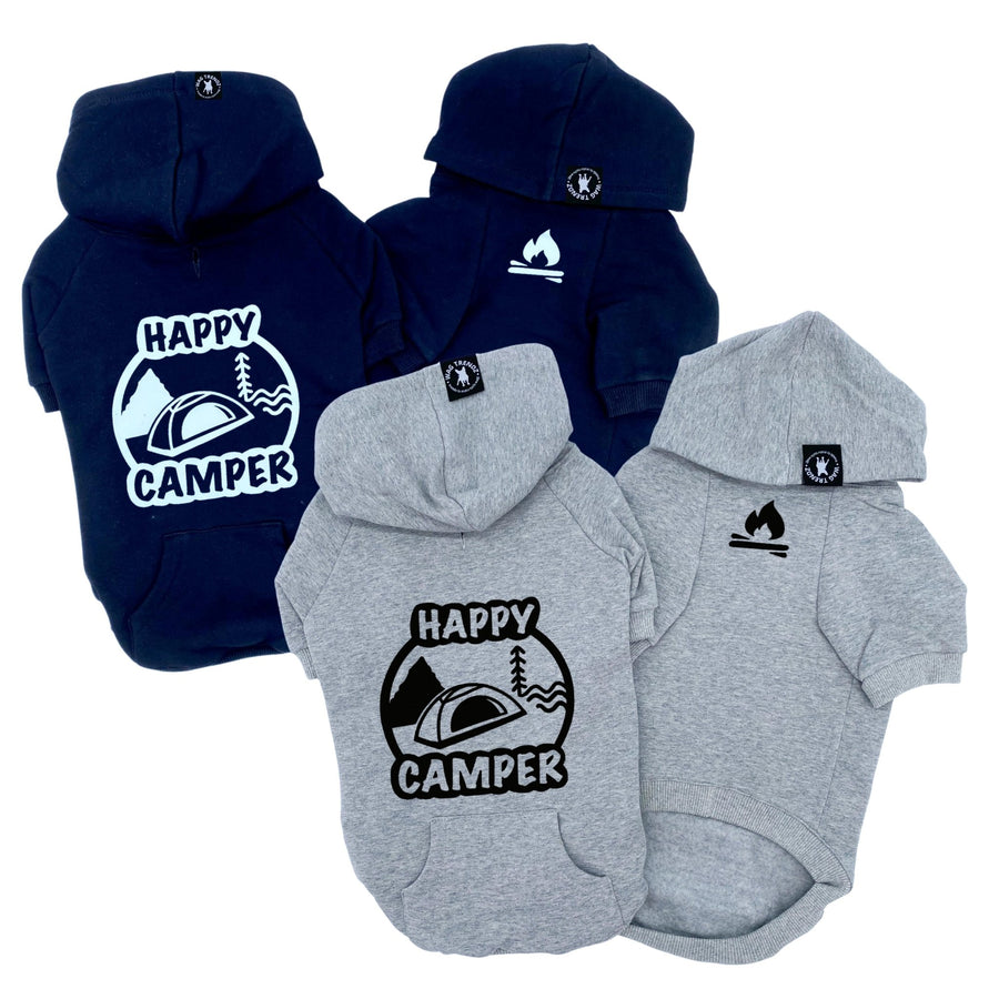 Dog Hoodie - Hoodies For Dogs - "Happy Camper" dog hoodies in black and gray sets - Happy Camper, tent, trees and stream on back and campfire emoji on front chest - against a solid white background - Wag Trendz