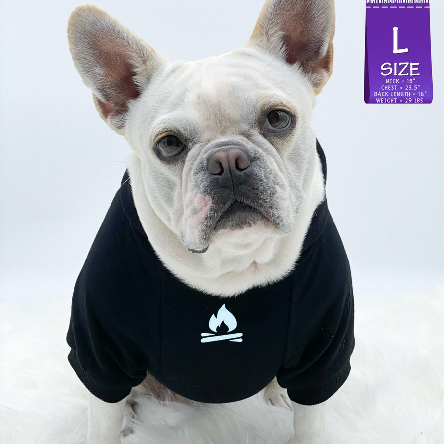 Dog Hoodie - Hoodies For Dogs - French Bulldog wearing "Happy Camper" dog hoodie in black - campfire emoji on front chest - against solid white background - Wag Trendz