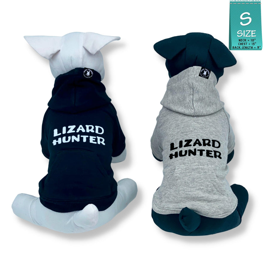 Dog Hoodie - Hoodies For Dogs - Two stuffed dogs one black one white "Lizard Hunter" dog hoodies in gray and black - back views has Lizard Hunter - against solid white background - Wag Trendz