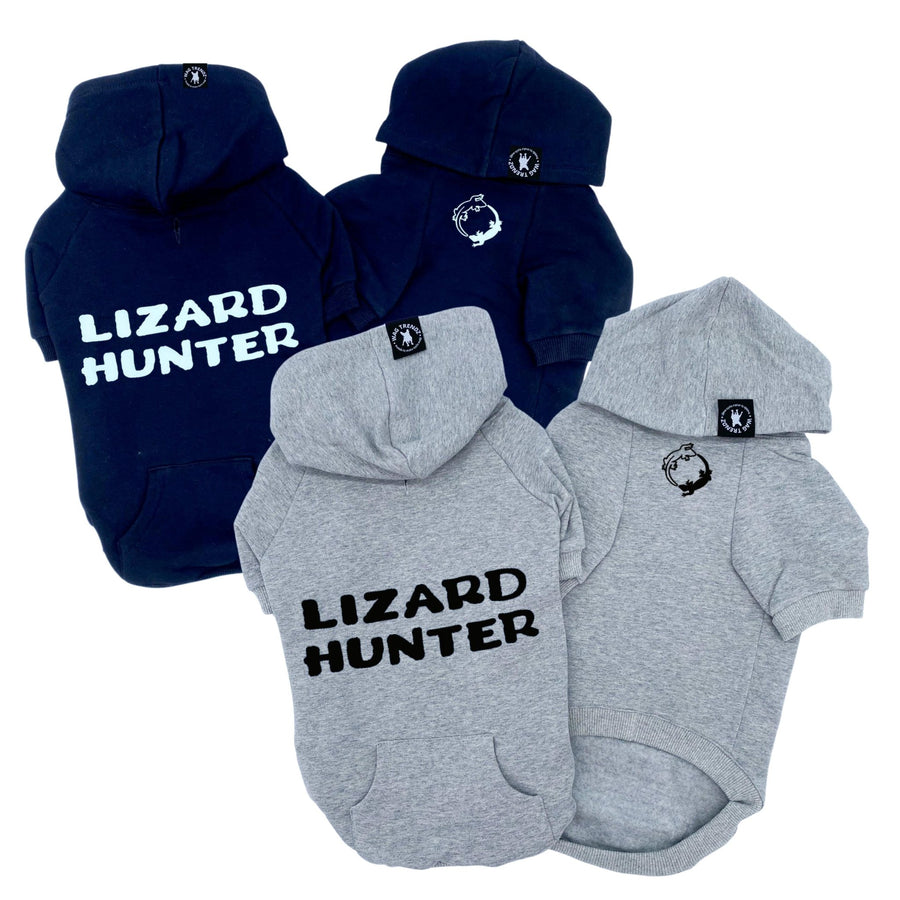 Dog Hoodie - Hoodies For Dogs - "Lizard Hunter" in gray and black sets - back has Lizard Hunter and front has two lizards emoji making a circle - against solid white background - Wag Trendz