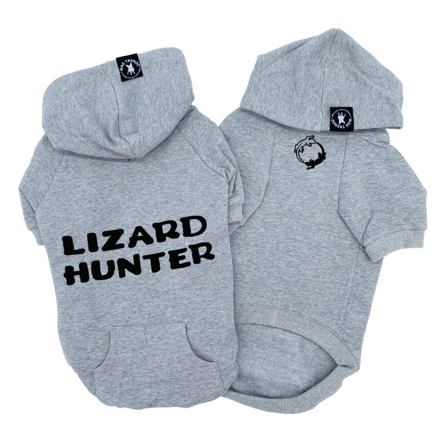 Dog Hoodie - Hoodies For Dogs - "Lizard Hunter" in gray set - back has Lizard Hunter and front has two lizards emoji making a circle - against solid white background - Wag Trendz
