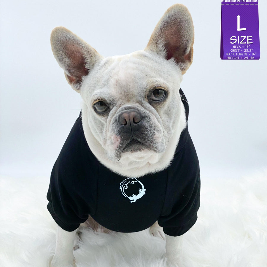 Dog Hoodie - Hoodies For Dogs - French Bulldog wearing "Lizard Hunter" dog hoodie in black - front chest has two lizards emoji making a circle - against solid white background - Wag Trendz
