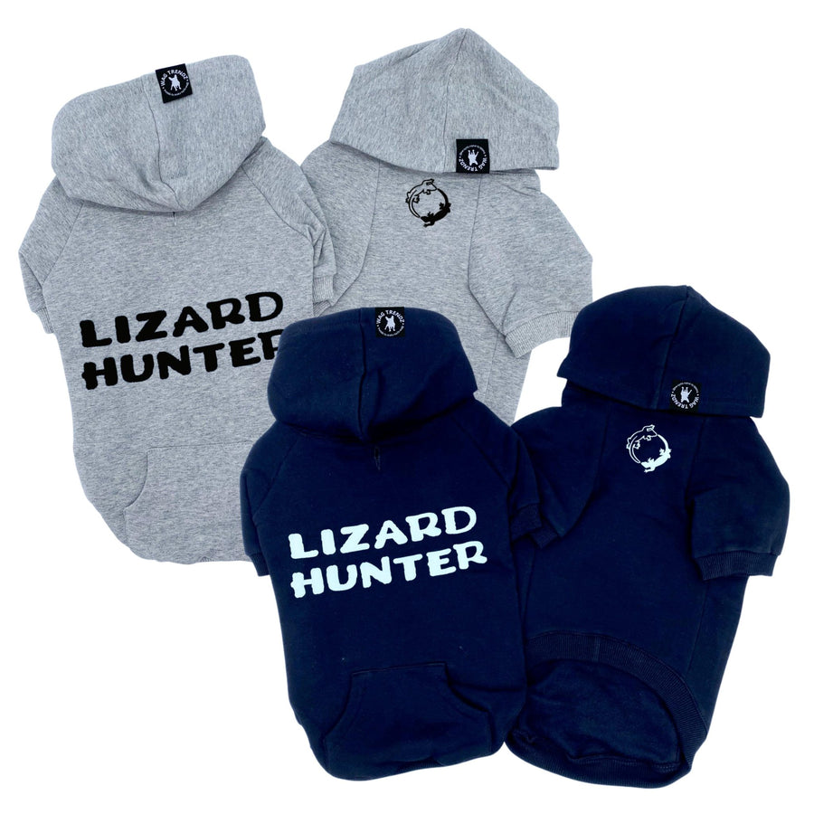 Dog Hoodie - Hoodies For Dogs - "Lizard Hunter" in black and gray sets - back has Lizard Hunter and front has two lizards emoji making a circle - against solid white background - Wag Trendz