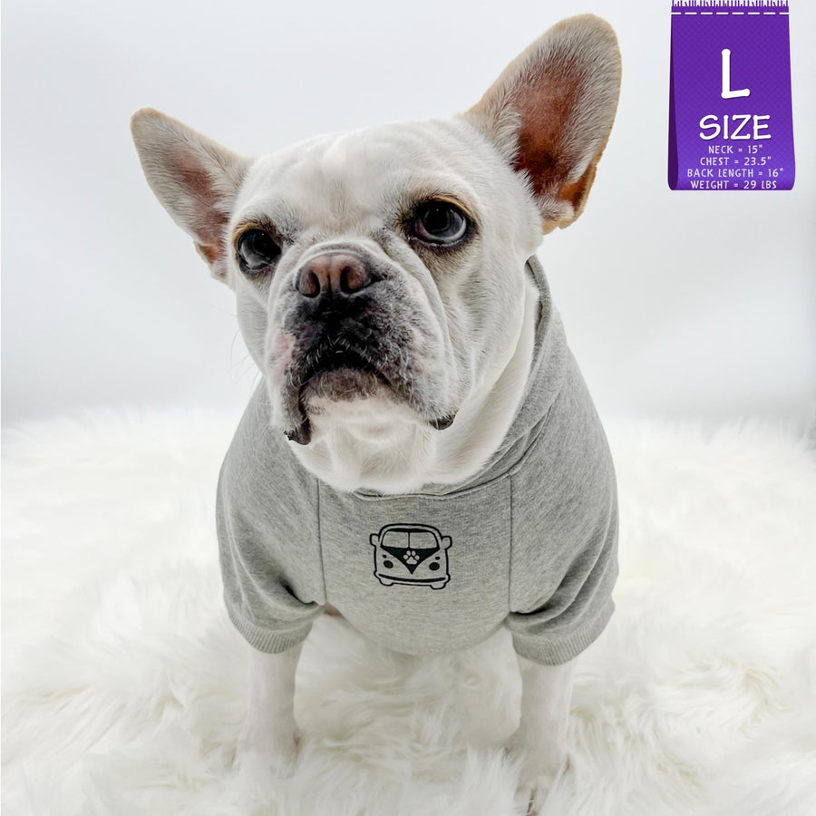 Dog Hoodie - Hoodies For Dogs - French Bulldog wearing "Road Trip" License Plate design in gray - Volkswagen Bus with paw print emoji on front chest - against solid white background - Wag Trendz