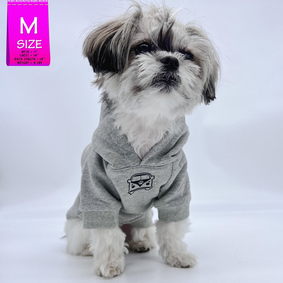 Dog Hoodie - Hoodies For Dogs - Shih Tzu mix wearing "Road Trip" License Plate design in gray - Volkswagen Bus with paw print emoji on front chest - against solid white background - Wag Trendz
