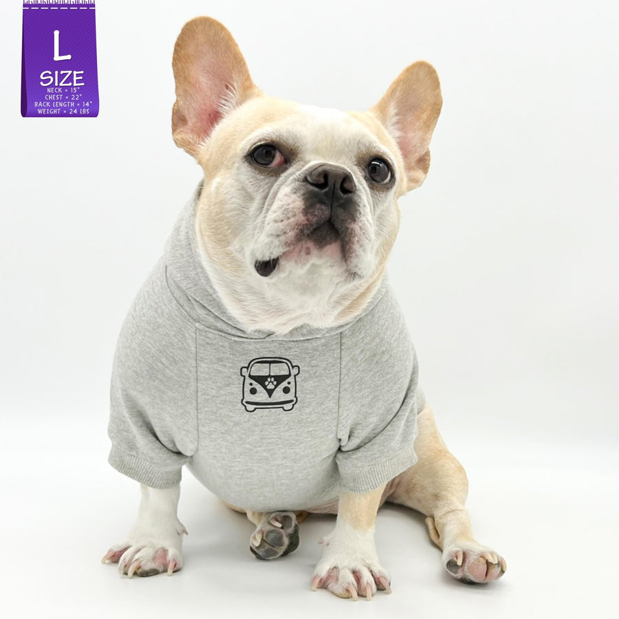 Dog Hoodie - Hoodies For Dogs - French Bulldog wearing "Road Trip" License Plate design in gray - Volkswagen Bus with paw print emoji on front chest - against solid white background - Wag Trendz
