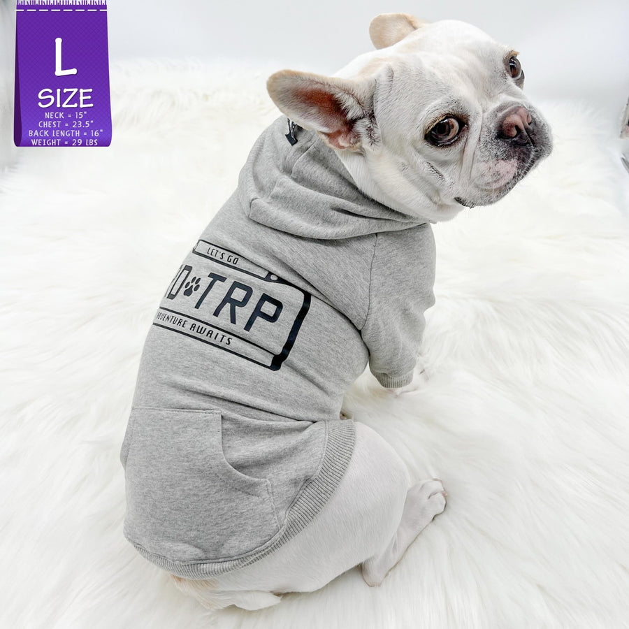 Dog Hoodie - Hoodies For Dogs - French Bulldog wearing "Road Trip" License Plate design in gray & black sets - back view against solid white background - Wag Trendz