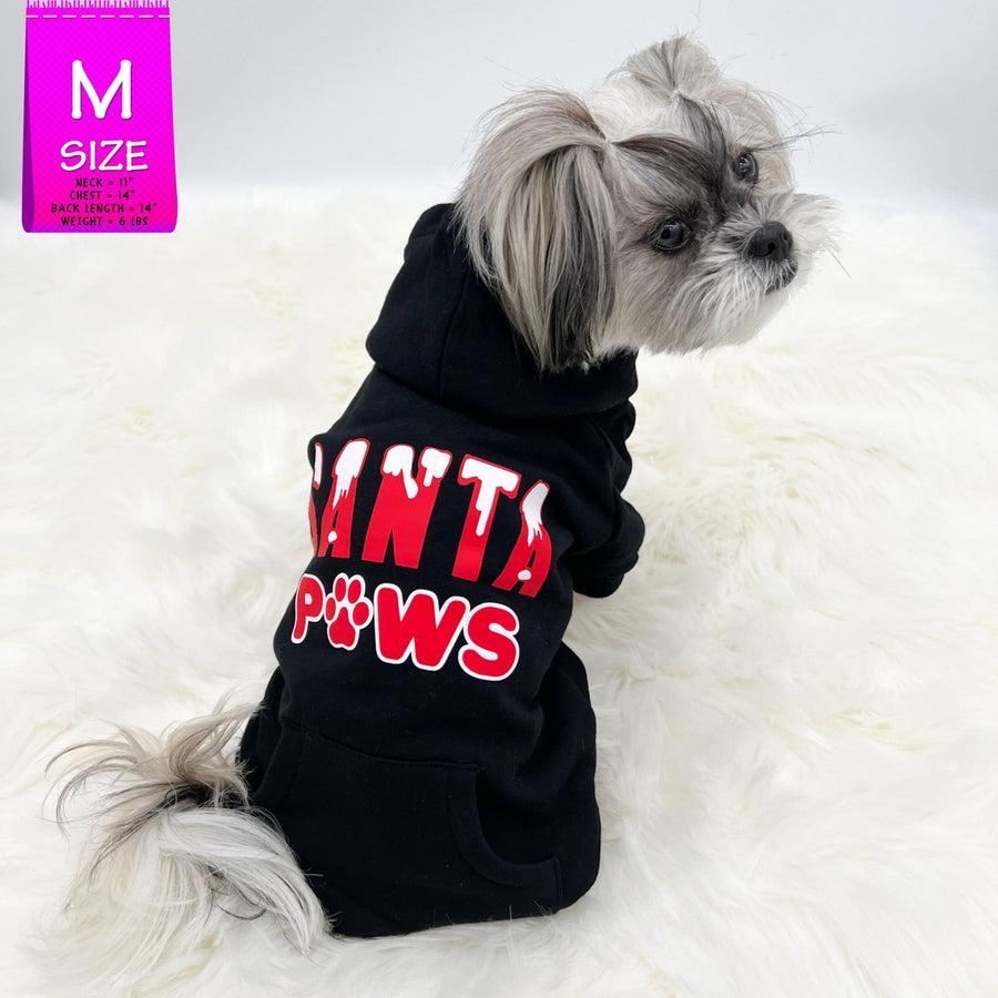 Dog Hoodie - Hoodies For Dogs - Shih Tzu wearing "Santa Paws" dog hoodie in black - back view is snow capped red and white SANTA letters with paws in red and white spelled with a paw - against solid white background - Wag Trendz