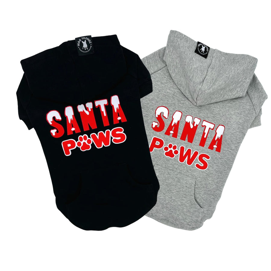 Dog Hoodie - Hoodies For Dogs - "Santa Paws" dog hoodies in black and gray - back view is snow capped red and white SANTA letters with paws in red and white spelled with a paw - against solid white background - Wag Trendz