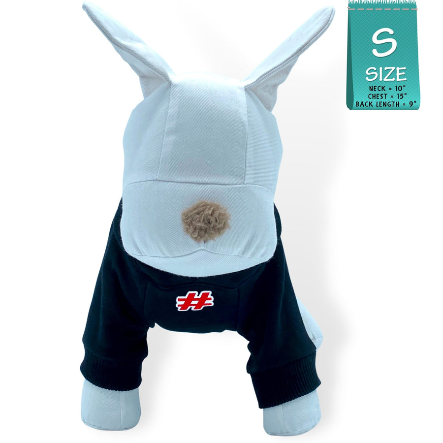 Dog Hoodie - Hoodies For Dogs - Stuffed white dog wearing "Sorry Not Sorry" dog hoodie in black - front view has a # outlined in red - against solid white background - Wag Trendz
