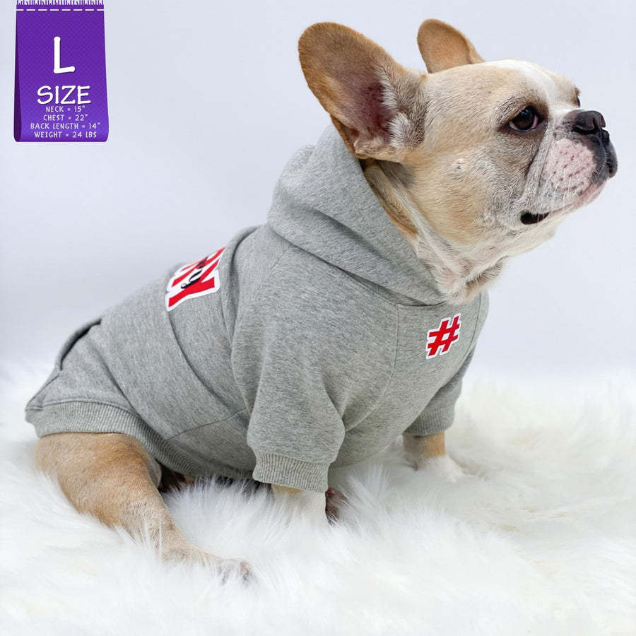 Dog Hoodie - Hoodies For Dogs - French Bulldog wearing "Sorry Not Sorry" dog hoodie in gray - side view - back view has Sorry Not Sorry with red accents while front view has a # outlined in red - against solid white background - Wag Trendz