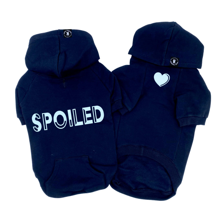 Dog Hoodie - Hoodies For Dogs - “SPOILED” dog hoodie in black set - back view has SPOILED and front chest has a solid heart emoji - against solid white background - Wag Trendz