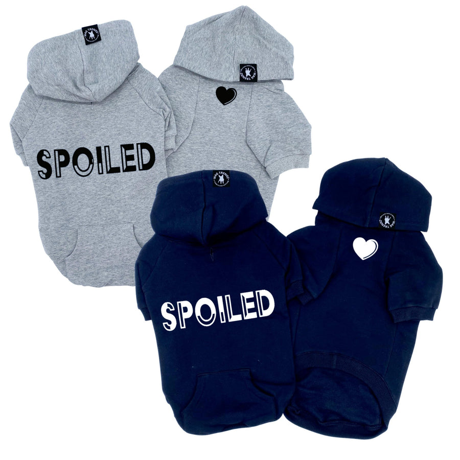 Dog Hoodie - Hoodies For Dogs - “SPOILED” dog hoodie in gray and black sets - back view has SPOILED and front chest has a solid heart emoji - against solid white background - Wag Trendz
