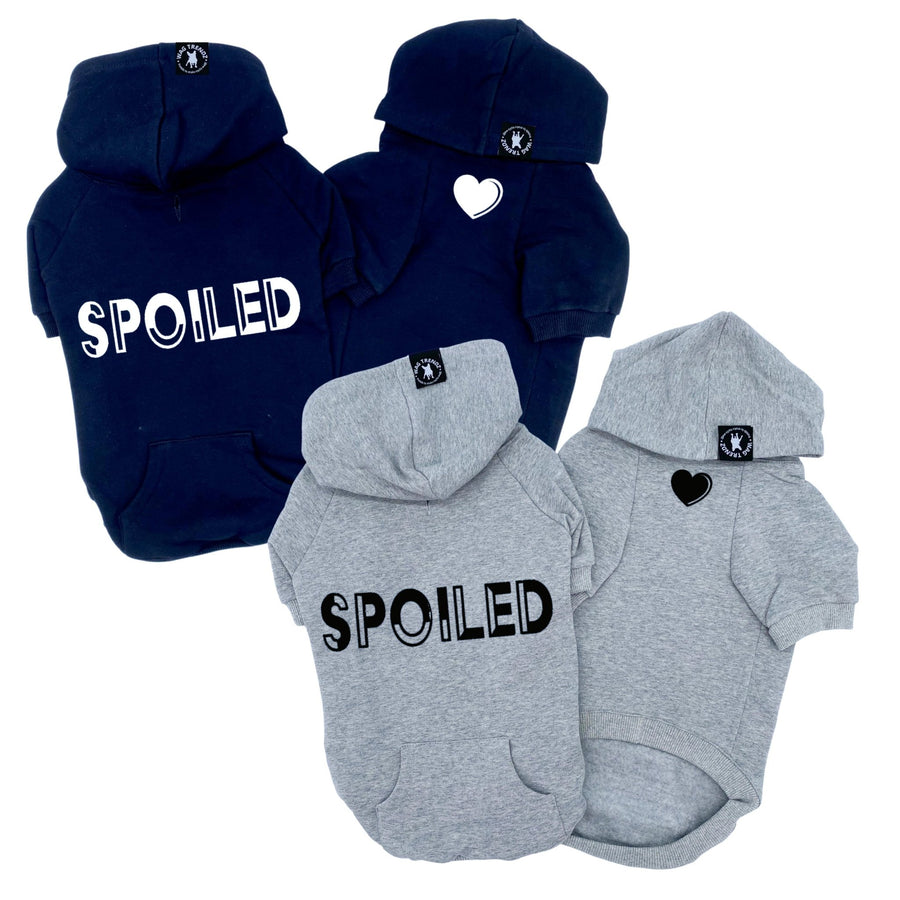 Dog Hoodie - Hoodies For Dogs - “SPOILED” dog hoodie in black and gray sets - back view has SPOILED and front chest has a solid heart emoji - against solid white background - Wag Trendz