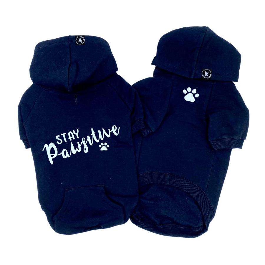 Dog Hoodie - Hoodies For Dogs - "Stay Pawsitive" dog hoodie in black set - back view Stay Pawsitive with paw print front view with paw print - against solid white background - Wag Trendz