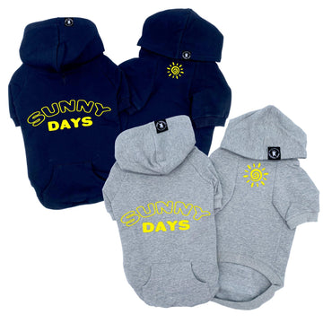 Dog hoodie - Hoodies For Dogs - "Sunny Days" dog hoodies in black and gray sets - back view says Sunny Days in yellow and front view has a modern yellow sunshine emoji - against solid white background - Wag Trendz