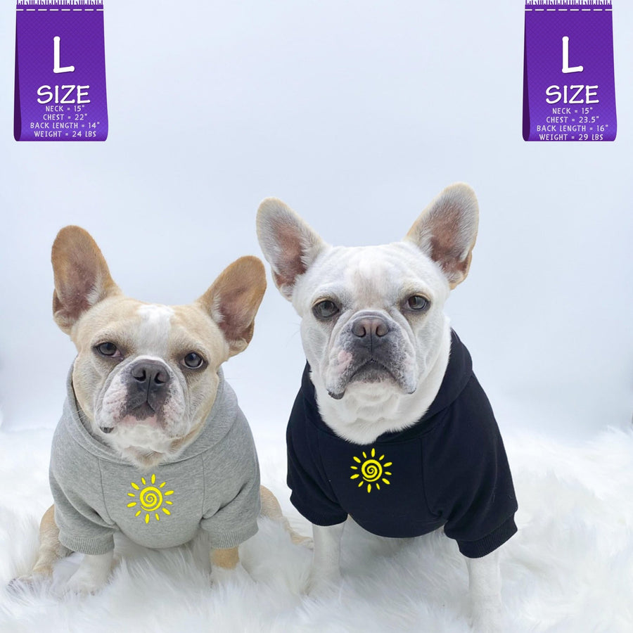 Dog hoodie - Hoodies For Dogs - French Bulldogs wearing "Sunny Days" dog hoodies in black and gray - front chest view has a modern yellow sunshine emoji - against solid white background - Wag Trendz