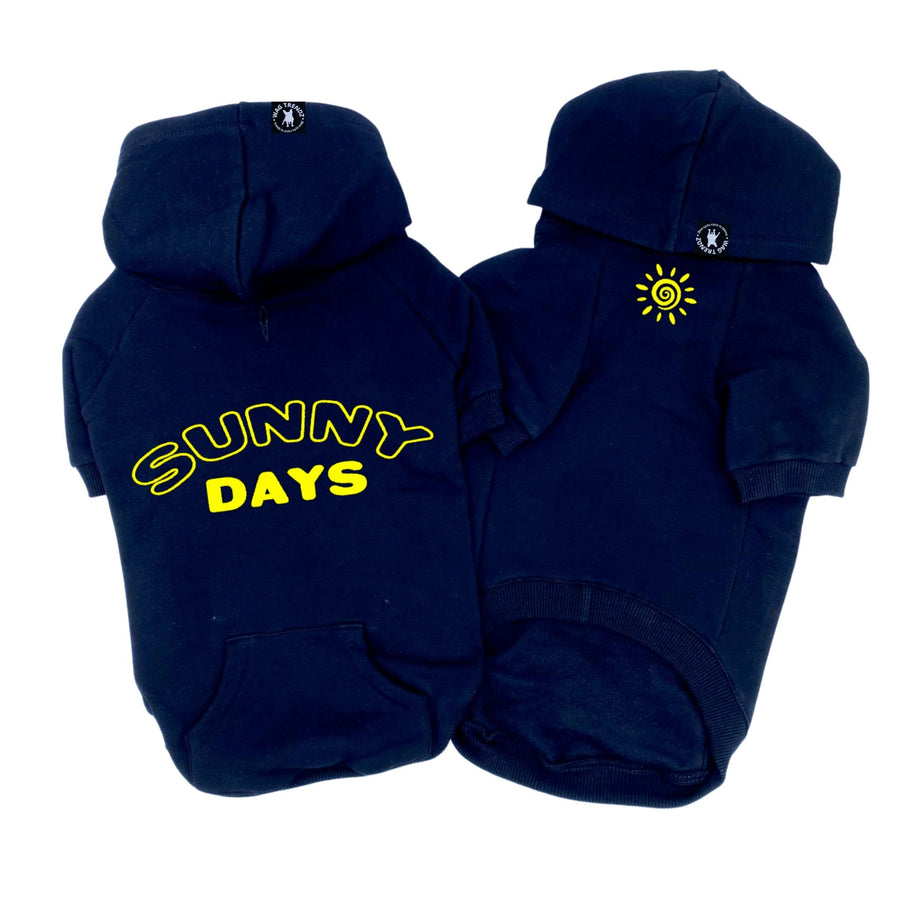 Dog hoodie - Hoodies For Dogs - "Sunny Days" dog hoodies in black set - back view says Sunny Days in yellow and front view has a modern yellow sunshine emoji - against solid white background - Wag Trendz