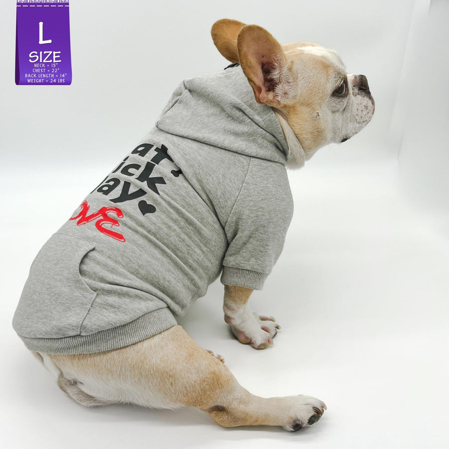 Dog hoodie - Hoodies For Dogs - French Bulldog wearing Valentine "eat lick play LOVE" graphic dog hoodie - gray with red accents - against solid white background - Wag Trendz