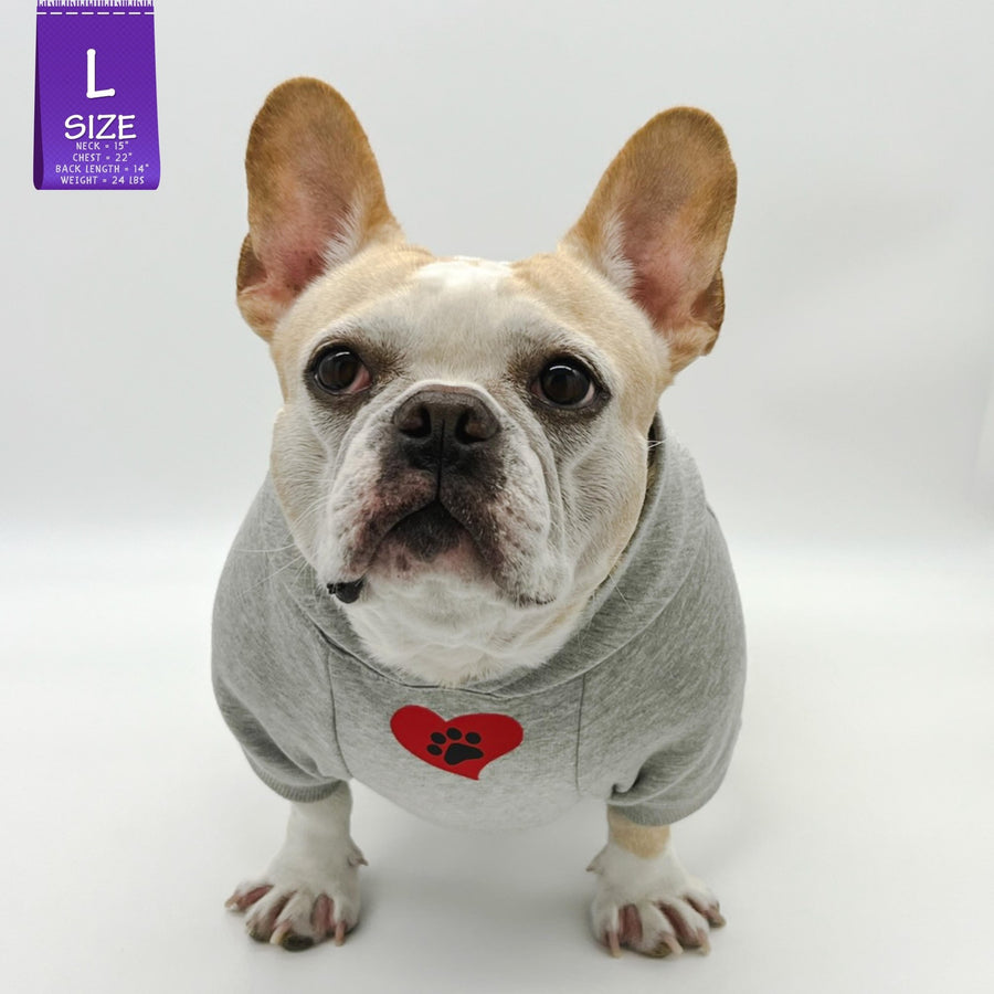 Dog hoodie - Hoodies For Dogs - French Bulldog wearing "eat lick play LOVE" graphic hoodie - front view - gray with red heart and black paw emoji on the chest - against a white background - Wag Trendz
