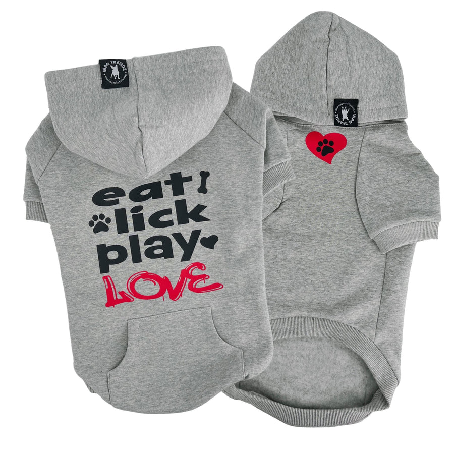 Dog hoodie - Hoodies For Dogs - Valentine "eat lick play LOVE" graphic - gray set with black lettering and red accents on the back and red heart and black paw emoji on front - against solid white background - Wag Trendz