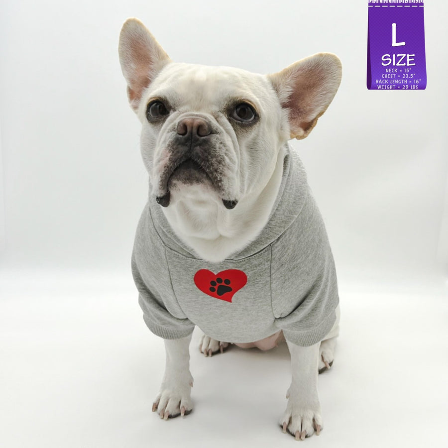 Dog hoodie - Hoodies For Dogs - French Bulldog wearing Valentine "eat lick play LOVE" graphic dog hoodie - front view gray with red heart black paw emoji on chest - against solid white background - Wag Trendz