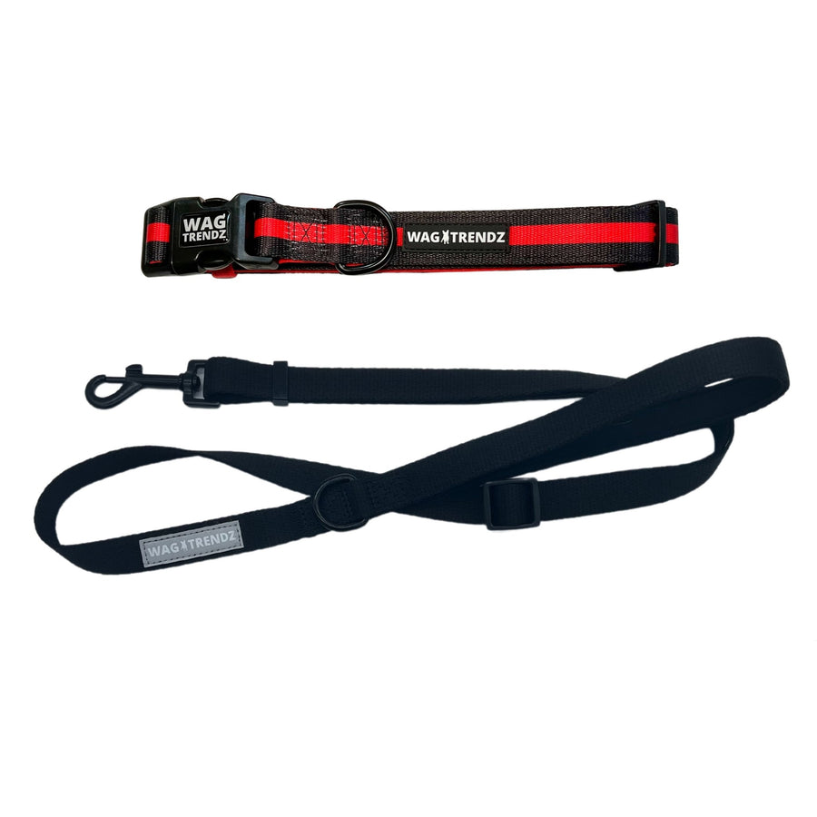 Dog Leash and Collar Set - Black Dog Collar with bold Red Stripe with solid black adjustable leash in medium - against solid white background - Wag Trendz