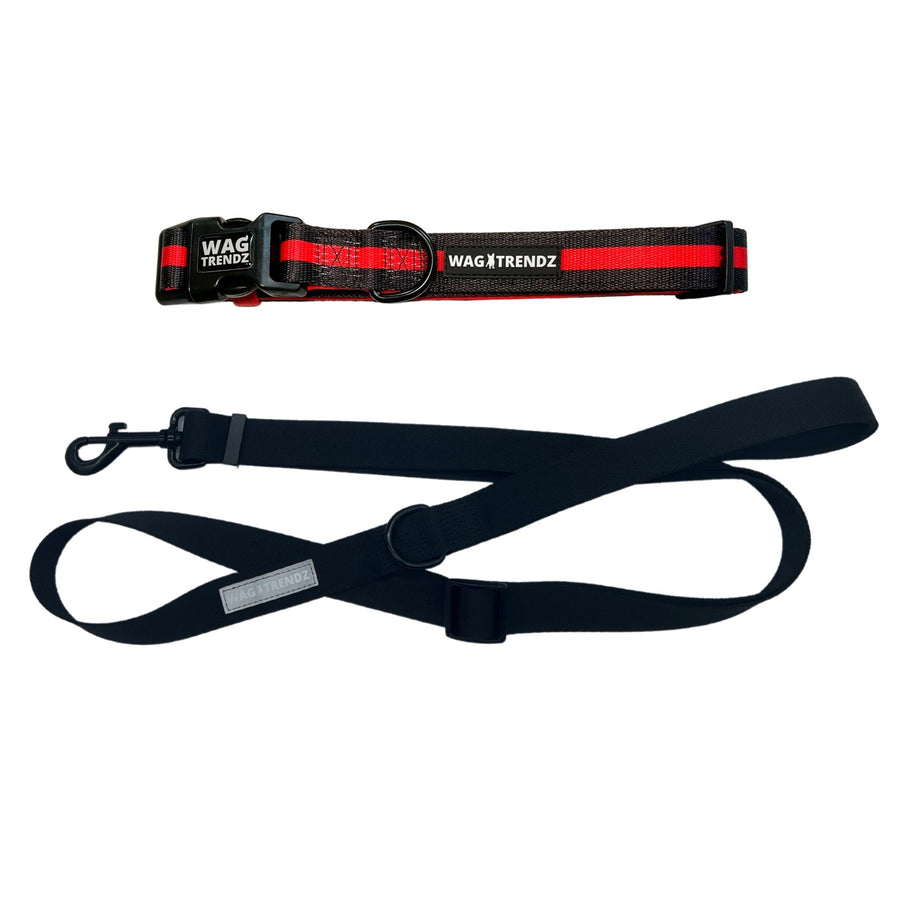 Dog Leash and Collar Set - Black Dog Collar with bold Red Stripe with solid black adjustable leash in large - against solid white background - Wag Trendz