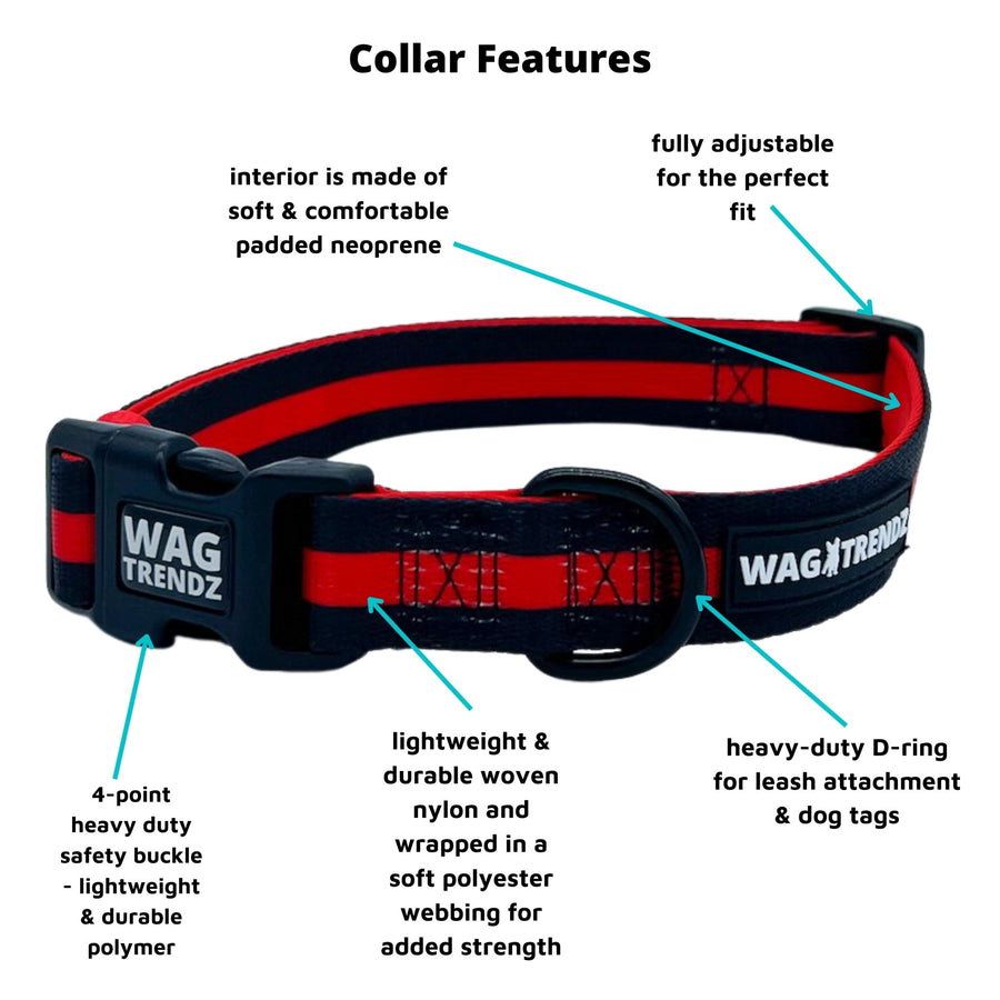 Dog Leash and Collar Set - solid black nylon dog collar with bold red stripe - with product feature captions - against solid white background - Wag Trendz