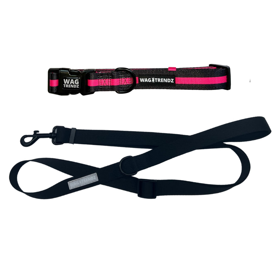 Dog Leash and Collar Set - Black Dog Collar with bold Hot Pink Stripe with solid black adjustable leash in large - against solid white background - Wag Trendz