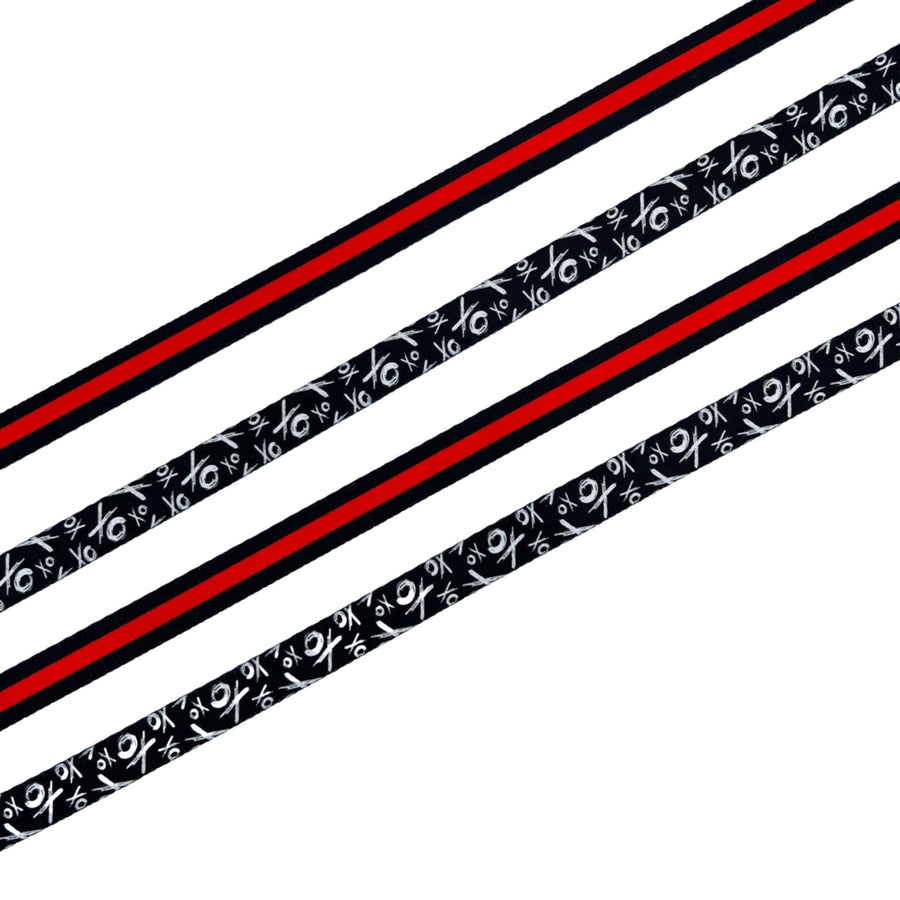 Dog Leash and Collar Set - four black with white XO's and bold red stripe nylon dog leashes - with product feature captions - against solid white background - Wag Trendz
