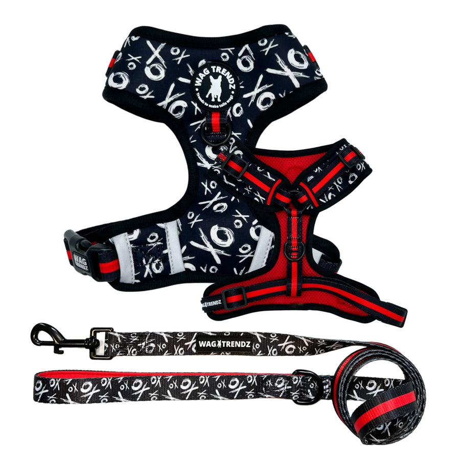 Dog Leash and Harness Set -  Dog Harness Vest in black with white XOs and red accents and matching dog leash - against white background - Wag Trendz
