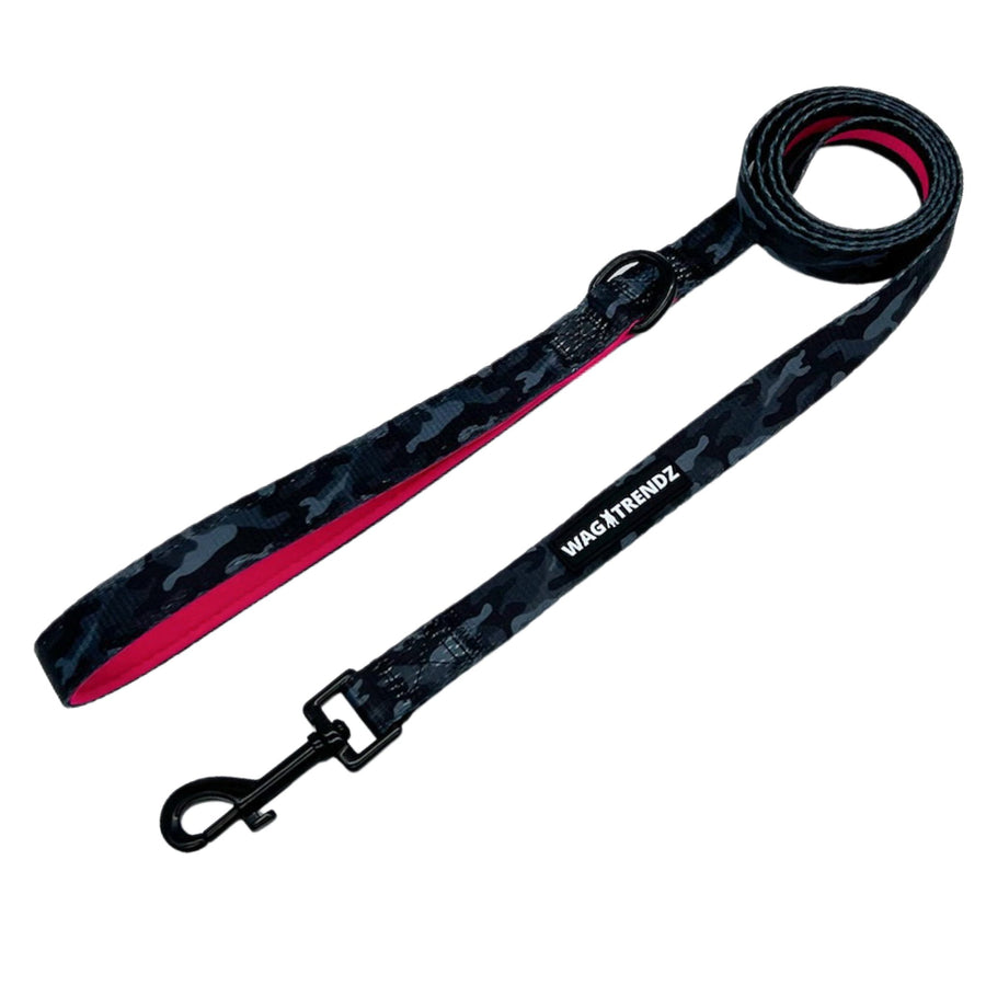 Camo Dog Leash - Black and gray camo dog leash with hot pink accents against a white background - Wag Trendz