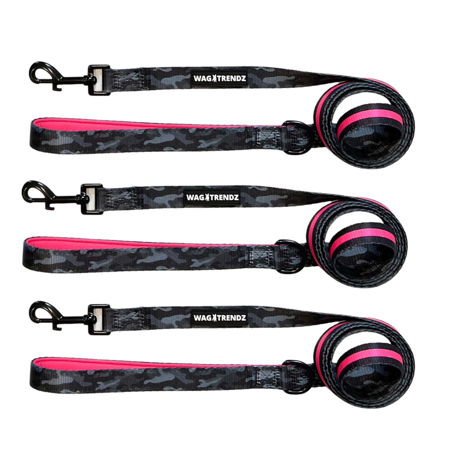 Camo Dog Leash - three black and gray camo dog leashes displayed together with opposite side black with hot pink against a solid white background - Wag Trendz