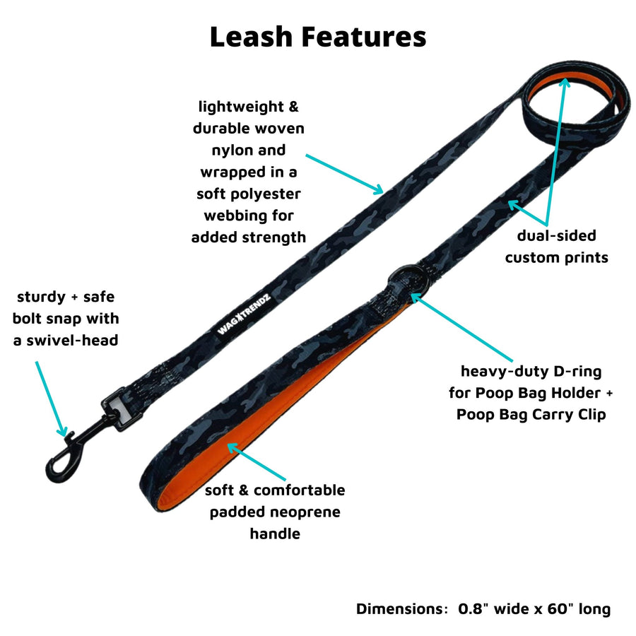 Nylon Dog Leash - black and gray camo with orange accents against a white background - with product feature captions - Wag Trendz