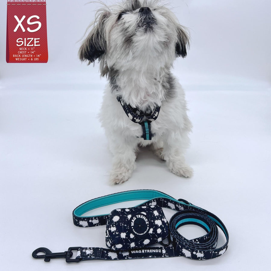 Nylon Dog Leash - French Bulldog wearing black with white paint splatter and teal accents harness with matching dog leash and poop bag holder attached - against solid white background - Wag Trendz
