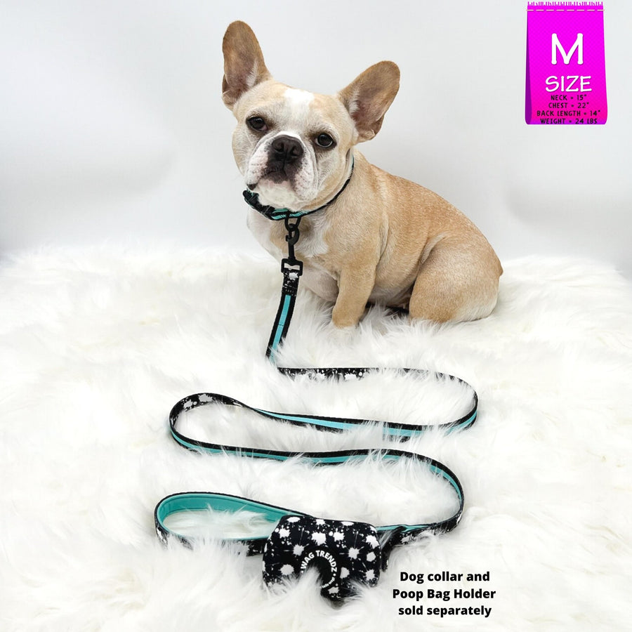 Nylon Dog Leash - French Bulldog wearing black with white paint splatter and teal accents harness with matching dog leash and poop bag holder attached - against solid white background - Wag Trendz